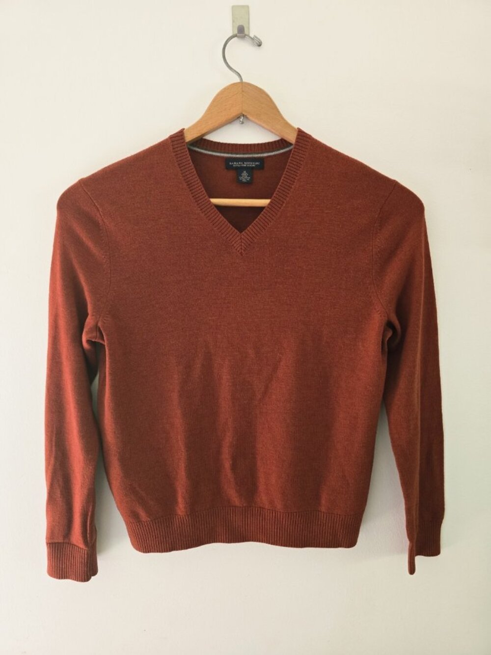Banana Republic Extra Fine Wool V-Neck Mens Pullover Knit Sweater M Burnt Orange
